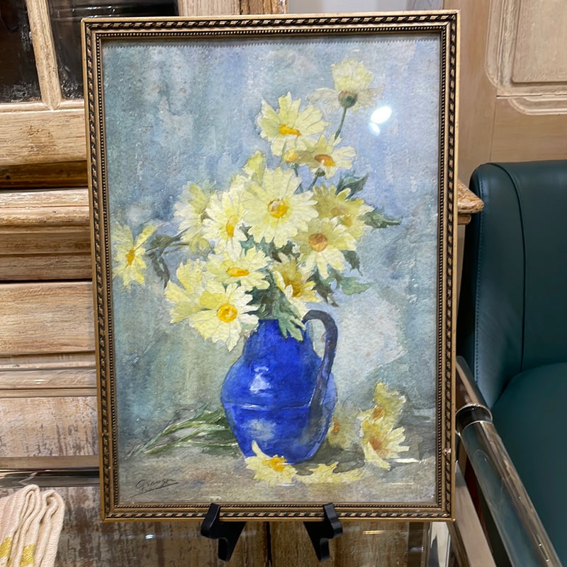 Watercolor-Yellow Daisies Blue Vase
