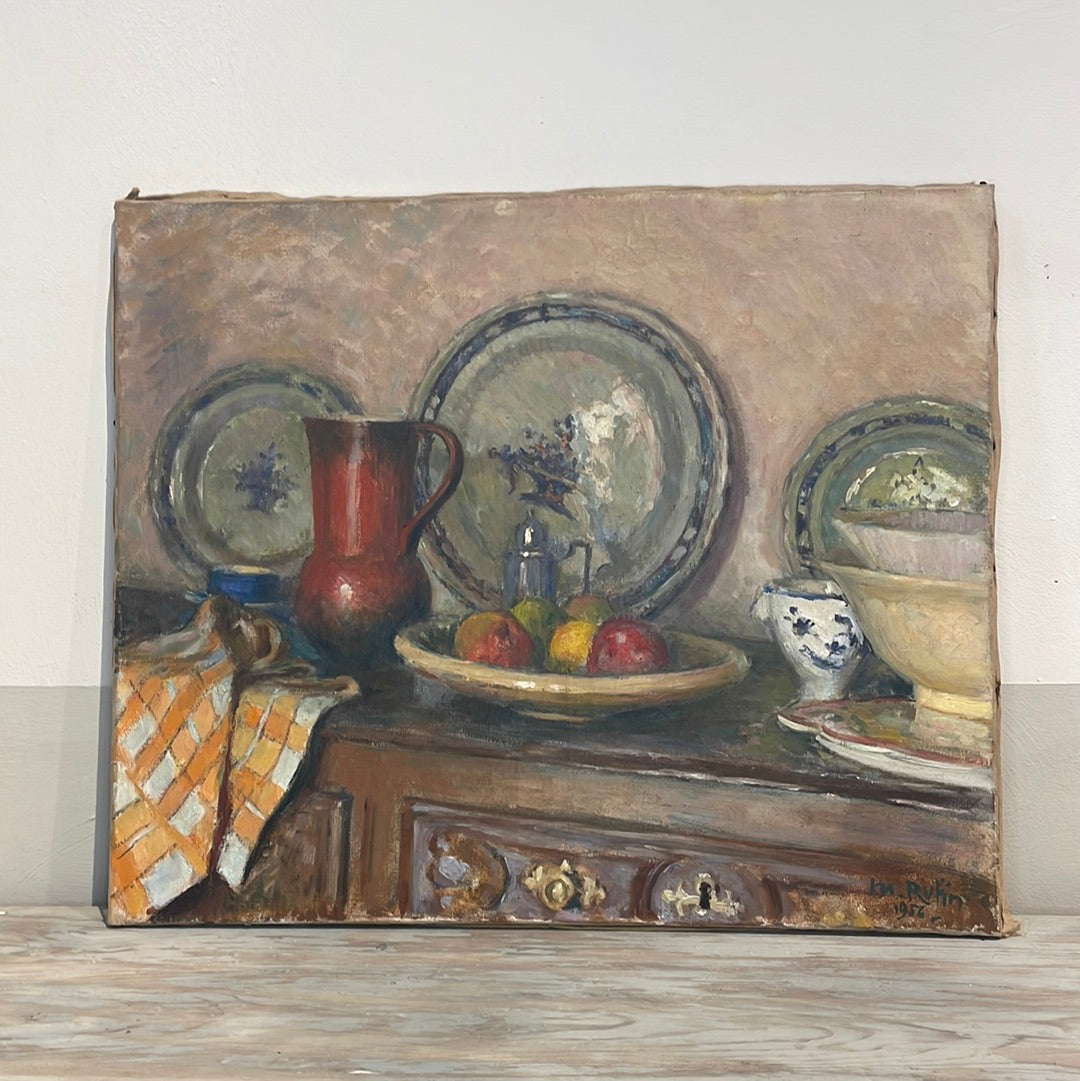 Unframed Oil on Canvas - Still Life Plates and Fruit by Rutin