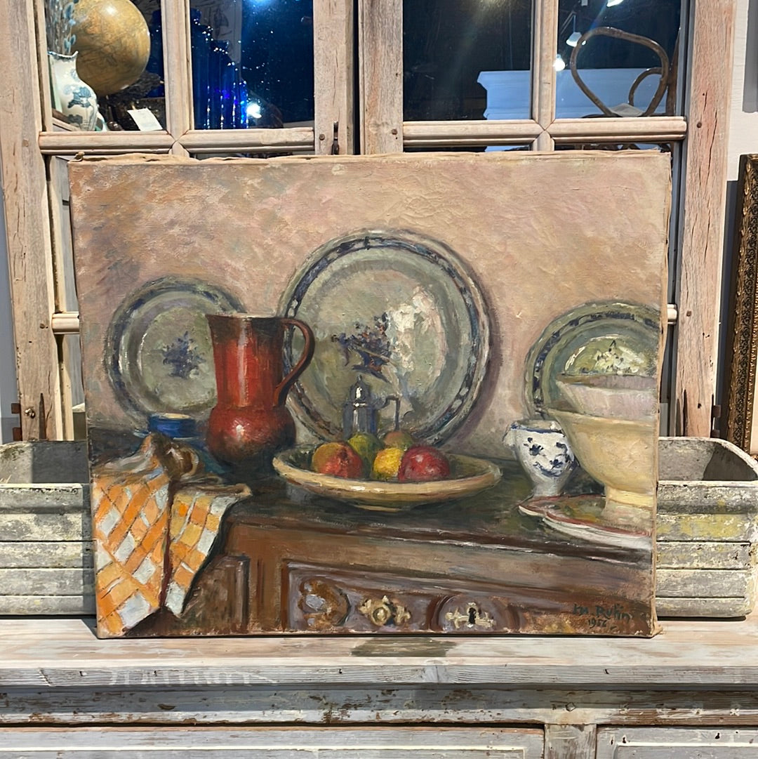 Unframed Oil on Canvas - Still Life Plates and Fruit by Rutin