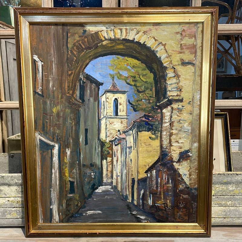 Framed Oil on Board - A street in orange showing the Cathedral at the end, Signed and Dated