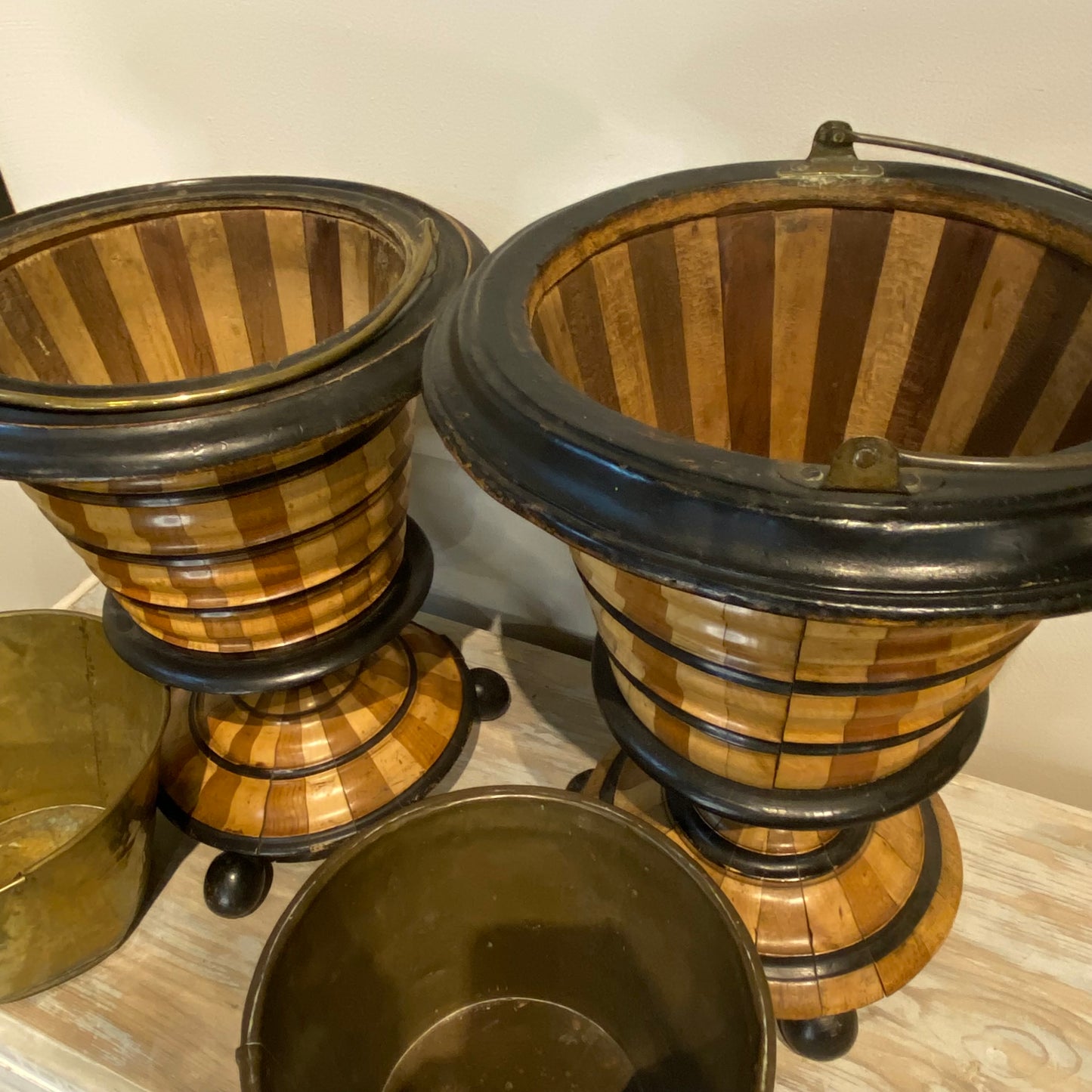 Maple & Ebony Biedemeir Peat Buckets for Coal, Brass Lined