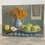 Large Still Life Oil on Canvas - Orange Zinnias with Green Apples and Checkered Table Cloth