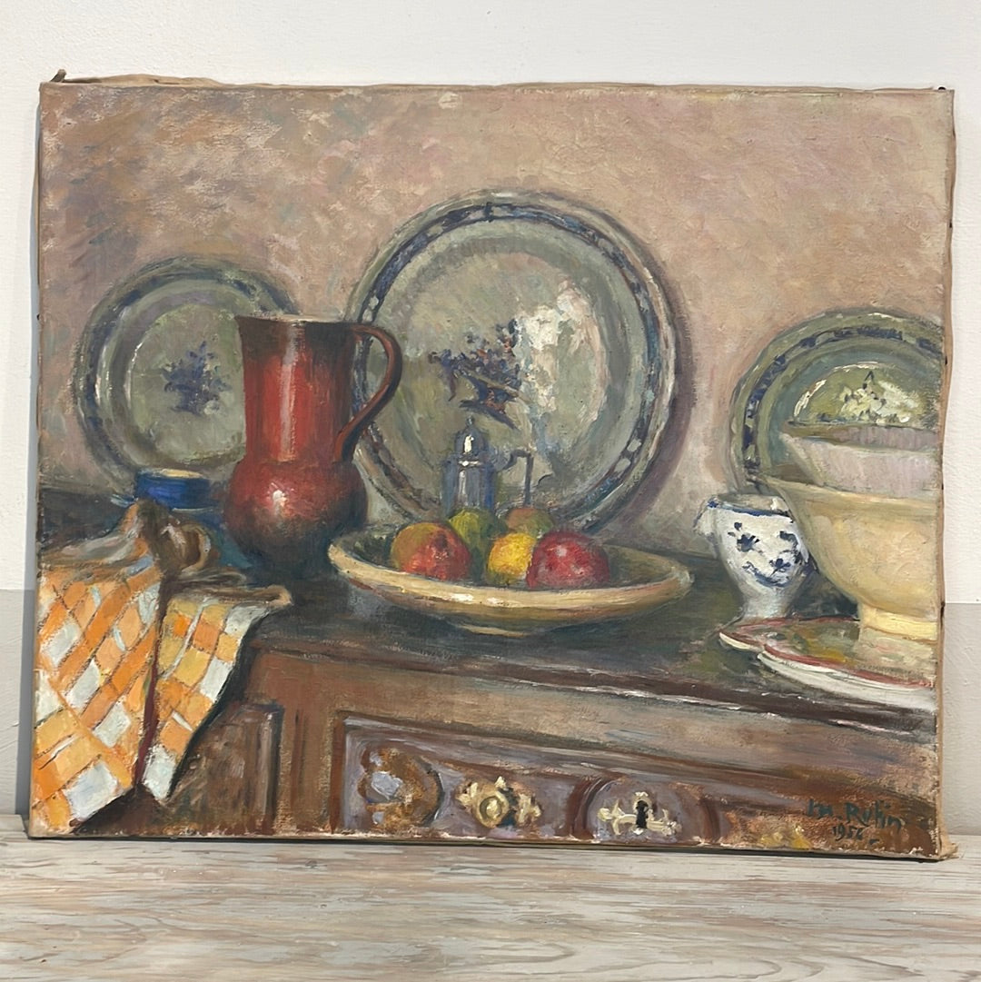 Unframed Oil on Canvas - Still Life Plates and Fruit by Rutin