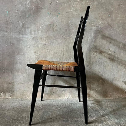 Pair of Black Lacquer Dining Chairs with Rush Seats