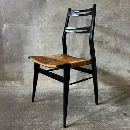 Pair of Black Lacquer Dining Chairs with Rush Seats