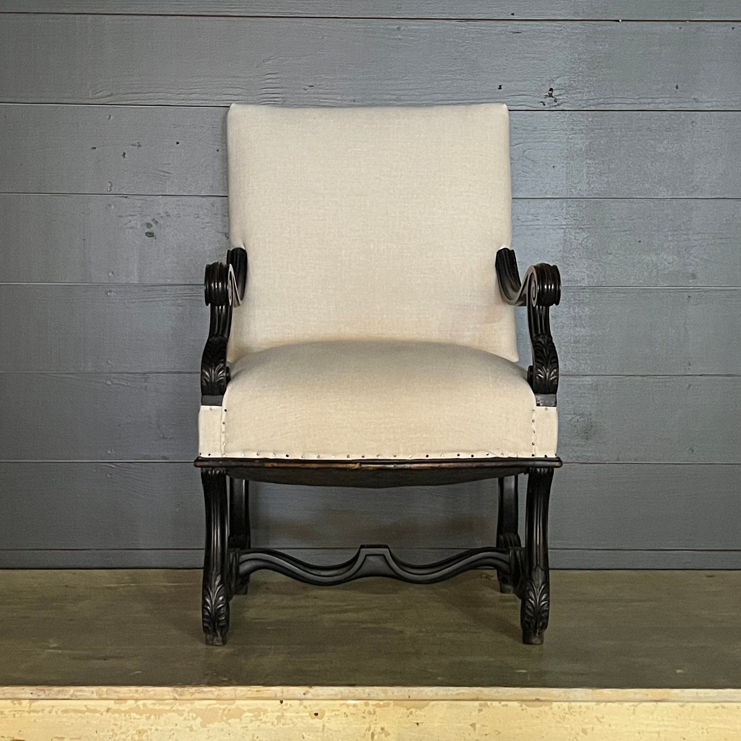 Pair of 19th c French Ebonized Arm Chairs with Refurbished Seat