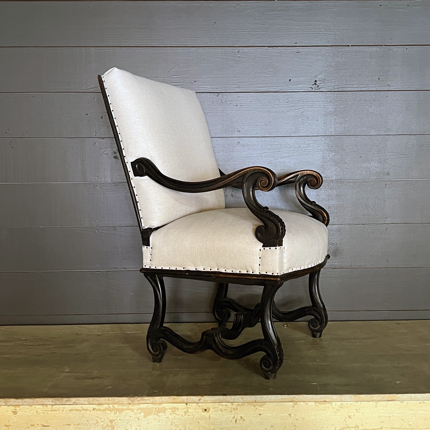 Pair of 19th c French Ebonized Arm Chairs with Refurbished Seat