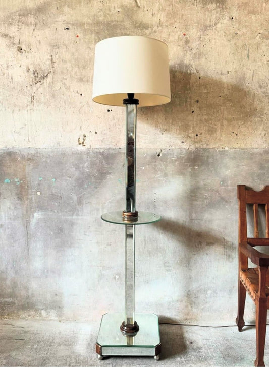 French Art Deco Mirrored Floor Lamp with Table