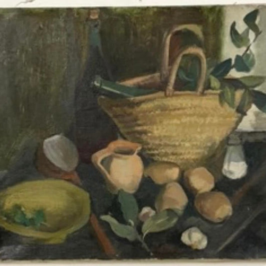 Unframed Oil on Canvas, Basket with Bottle of Wine