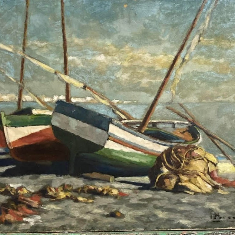 Oil on Canvas Painting of Boats Stranded on the Beach