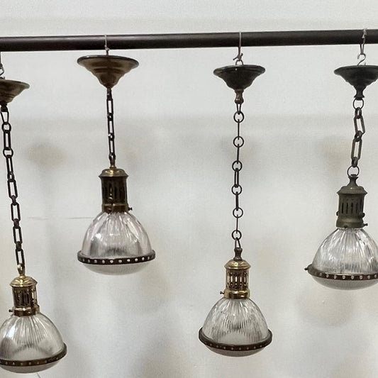 French Brass and Glass Holophane Pendants