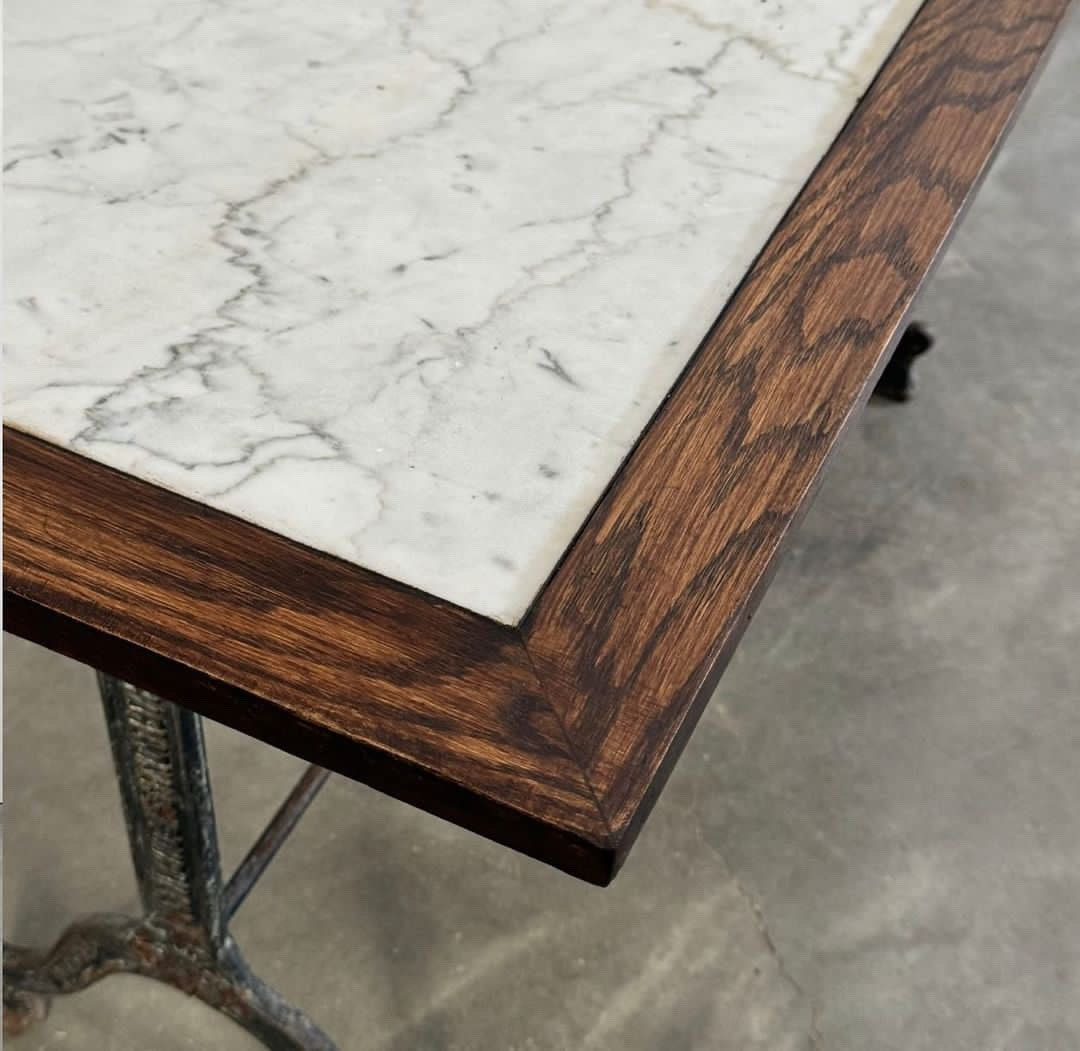 Long Bistro Table with Iron Base and Marble Top