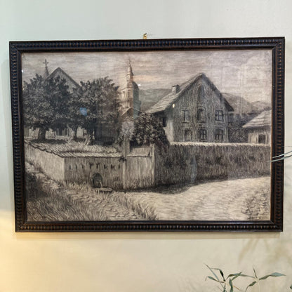 Framed Pencil Drawing of Village Walls