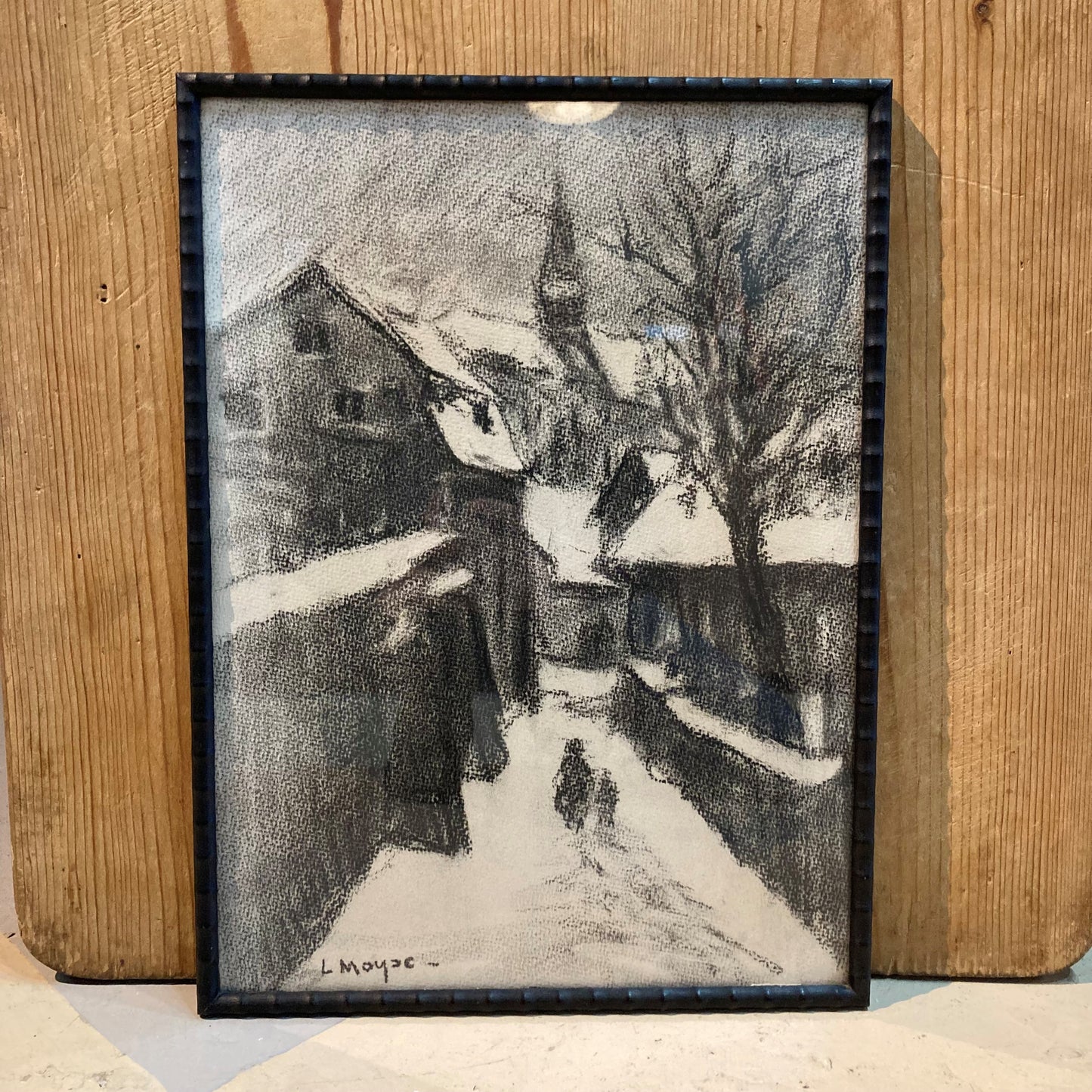 Framed Pencil Drawing of a Village, L. Moyse