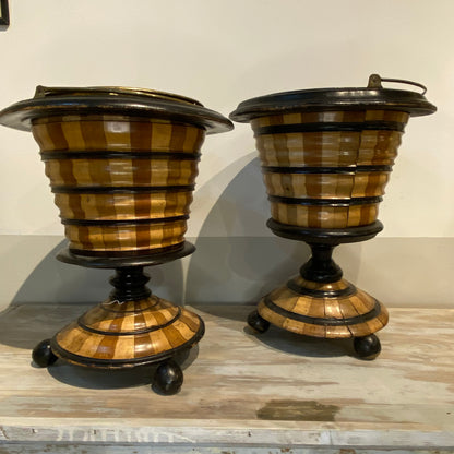 Maple & Ebony Biedemeir Peat Buckets for Coal, Brass Lined