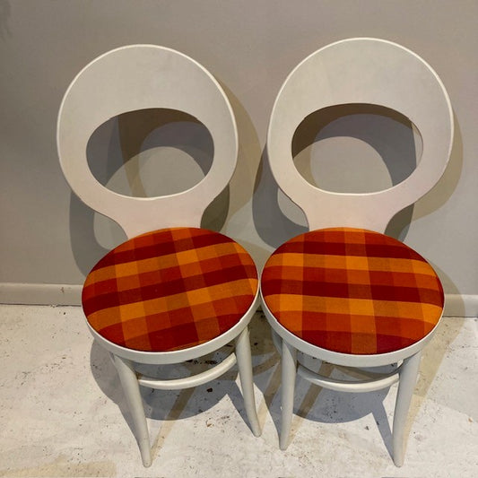 White Baumann Chair with Red/Orange Patterned Seat