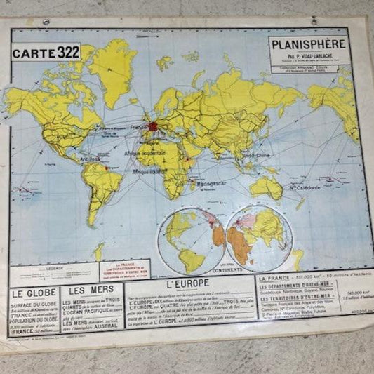 Double Sided French Map, Planisphere par P. Vidal-Lablanche