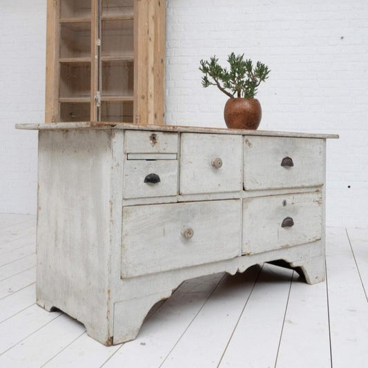 1950s 6 Drawer Grocery Counter, French Pine, Grey Patina