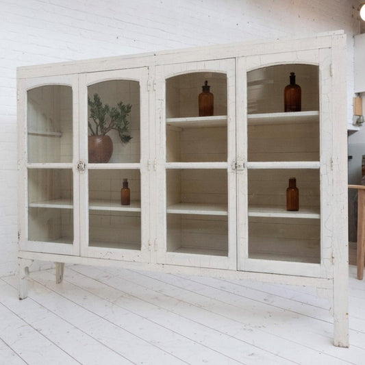 Painted Cabinet with Glass Door, White with Cracked Original Patina