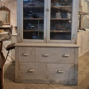 Pine Work Shop Vitrine Drawers in Bottom (Old Glass)