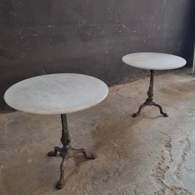 Two Round Marble Top Iron Base Tables