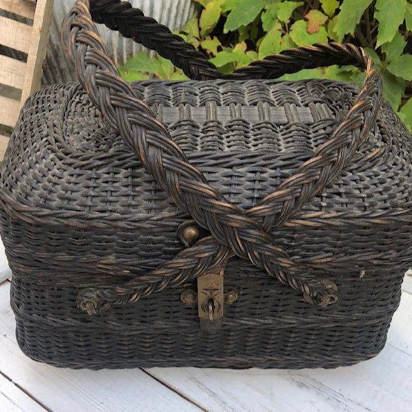 Dark Wicker Basket with Braided Handles and Latch