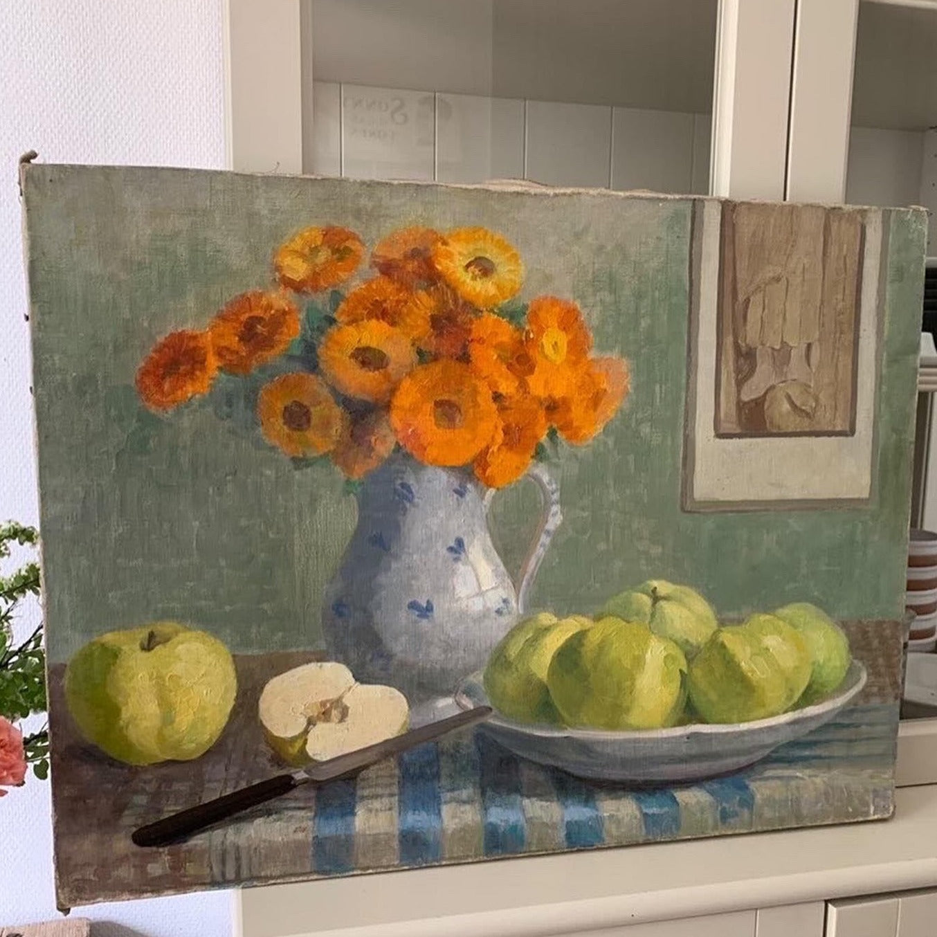 Large Still Life on Canvas -Orange Zinnias with Green Apples