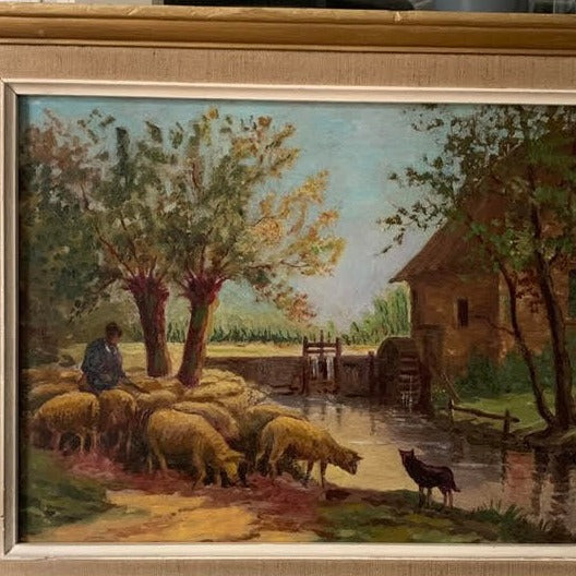 Oil on Board - Sheep Gathered Around a Tree