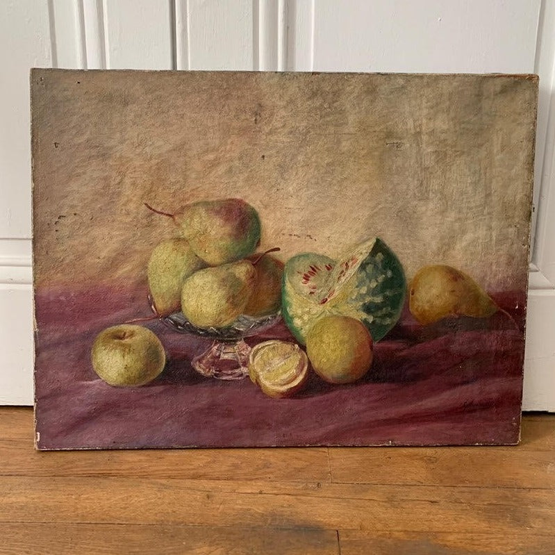 Unframed Oil on Canvas Still Life with Fruit on Red Cloth