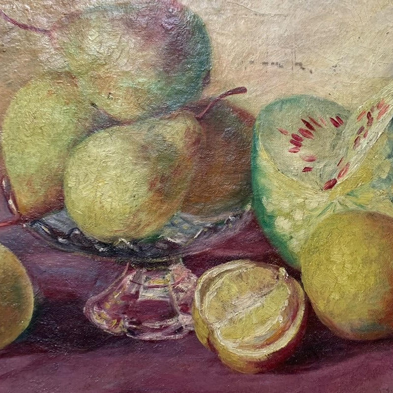 Unframed Oil on Canvas Still Life with Fruit on Red Cloth