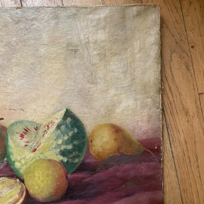 Unframed Oil on Canvas Still Life with Fruit on Red Cloth