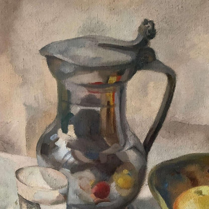 Unframed Oil on Canvas - Still Life with Fruit & Pewter  Pot