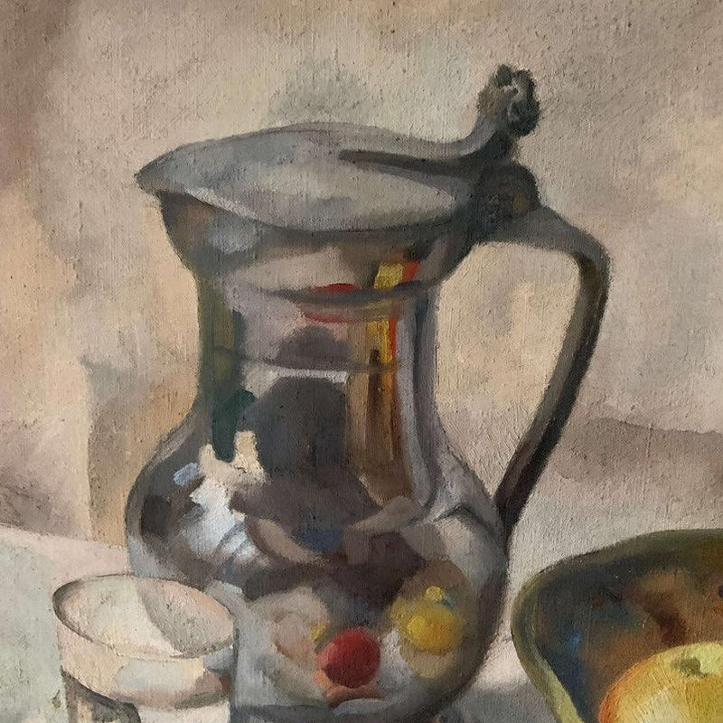 Oil on Canvas - Still Life - Fruit, Napkin & Pewter Coffee Pot