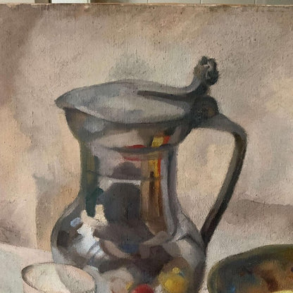 Unframed Oil on Canvas - Still Life with Fruit & Pewter  Pot