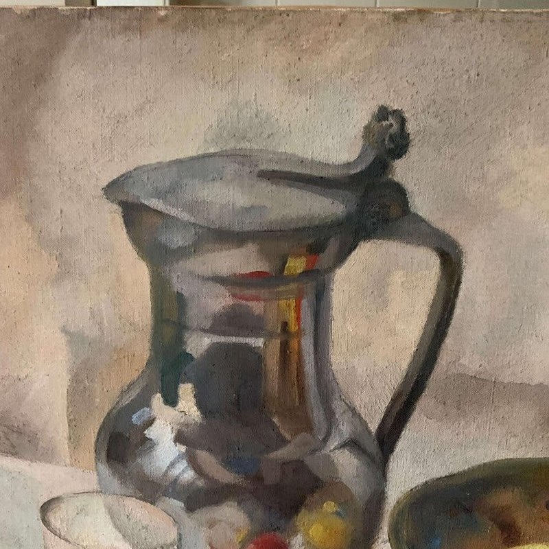 Oil on Canvas - Still Life - Fruit, Napkin & Pewter Coffee Pot
