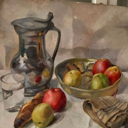 Unframed Oil on Canvas - Still Life with Fruit & Pewter  Pot