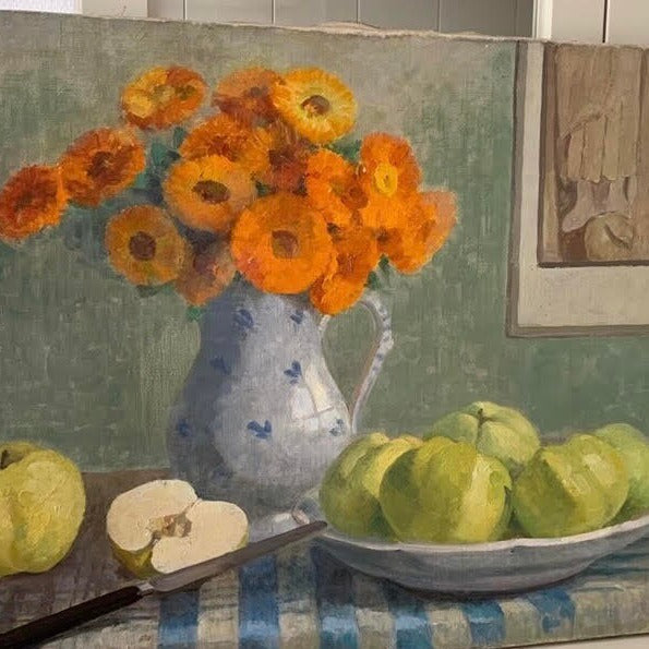 Large Still Life Oil on Canvas - Orange Zinnias with Green Apples and Checkered Table Cloth