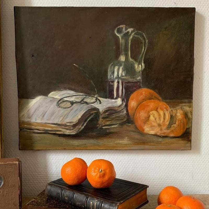 Oil on Canvas - Oranges with Carafe of Water, Eyeglasses on Open Book