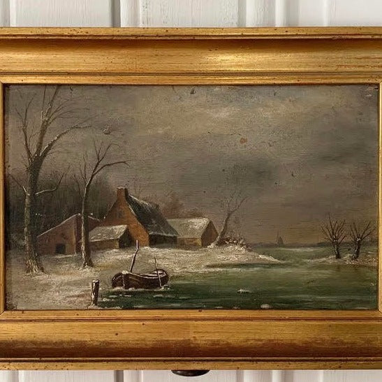 Framed Oil on Canvas - House on Water in Winter