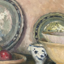 Unframed Oil on Canvas - Still Life Plates and Fruit by Rutin