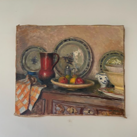 Unframed Oil on Canvas - Still Life Plates and Fruit by Rutin