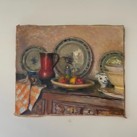 Oil on Canvas - Still Life Plates and Fruits, Signed and Dated