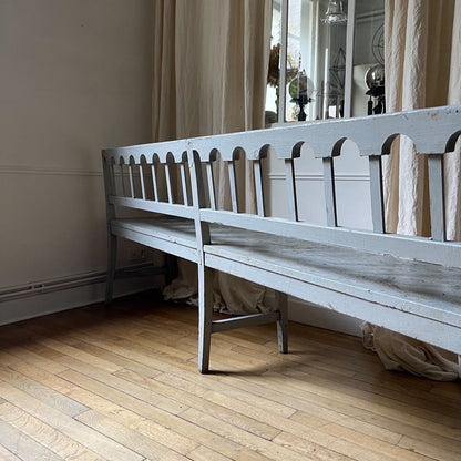 Grey Painted Long Pine Bench with Arch Design