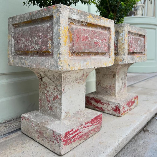 Pair of Cement Planters with Red Paint, Square on Pedestal