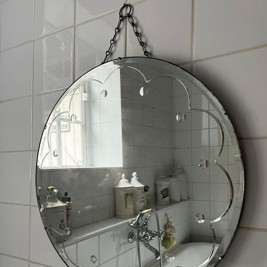 Round Mirror with Etched Scallop Detail