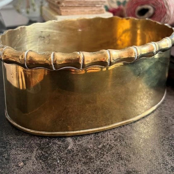 1940s Oval Brass Container with Faux Bamboo Edges