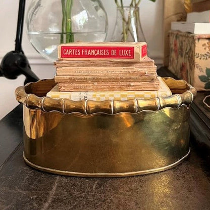 1940s Oval Brass Container with Faux Bamboo Edges