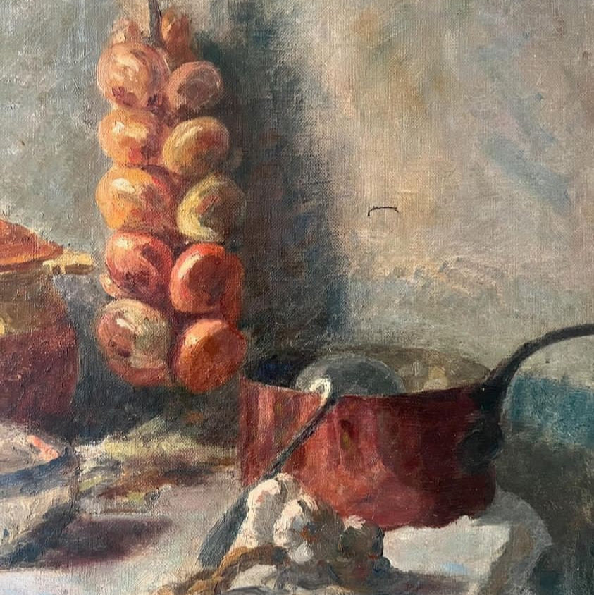 Oil on Canvas - Kitchen scene, copper pots, onion rope etc.