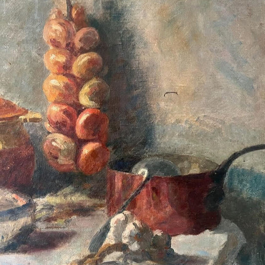 Oil on Canvas - Kitchen scene, copper pots, onion rope etc.