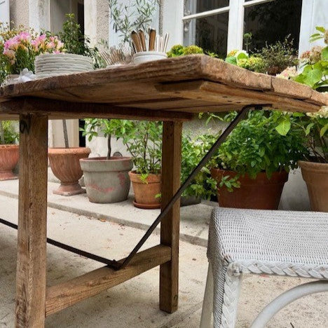 1920 Large Pine Table with Metal Elements from a Painter's Workshop